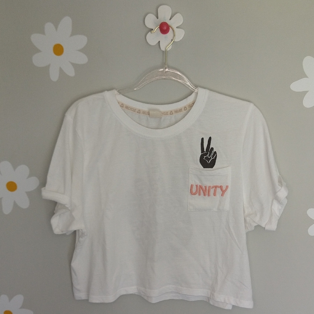 Recycled Threads Unity Peace Love Faith Joy Hope Unity Kindness White Crop Top